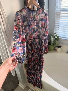 Misa Los Angeles Floral Pleated Maxi Dress in Blue, Pink, Cream